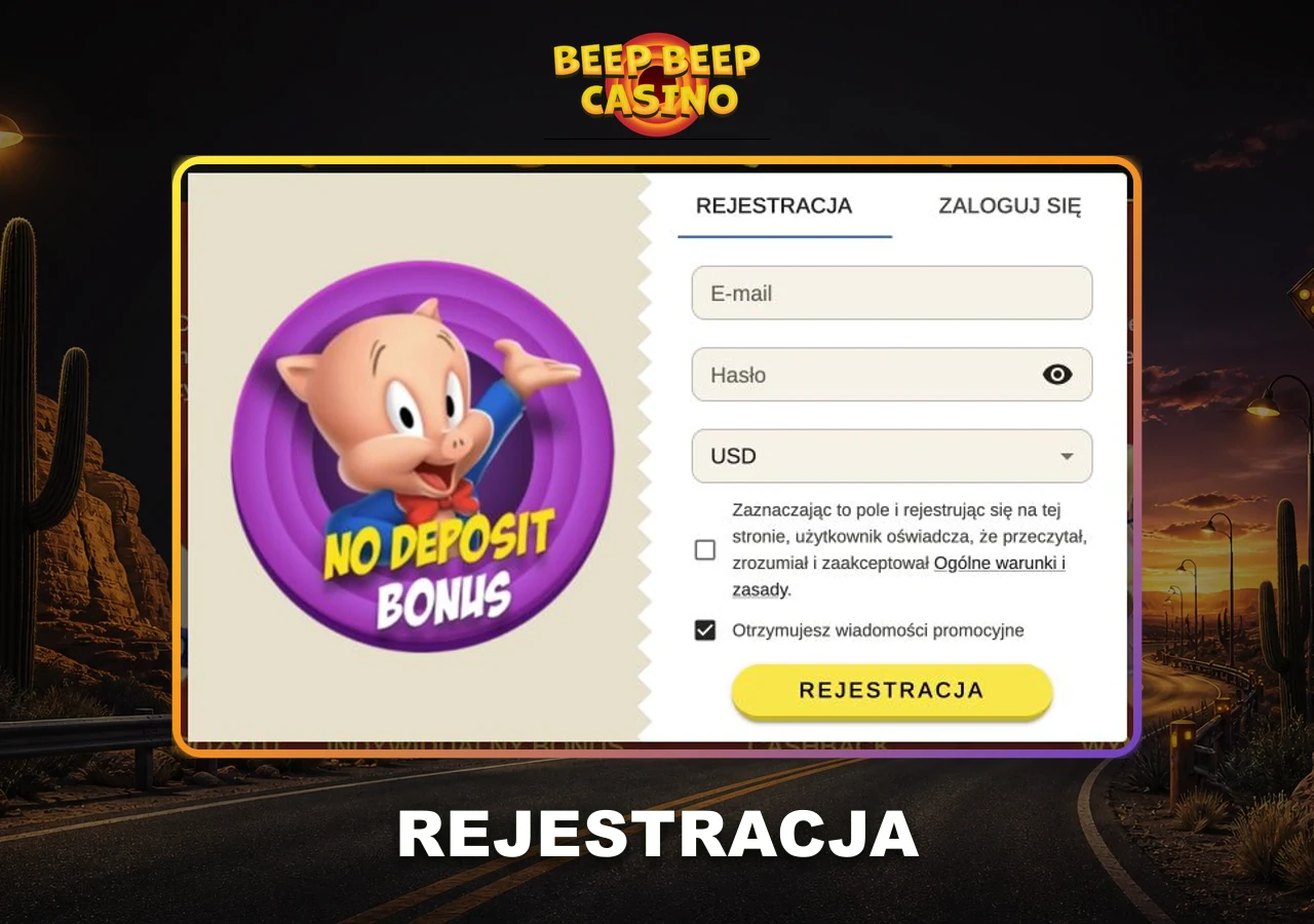 Formularz rejestracji Beep Beep Casino w polskiej wersji językowej.
